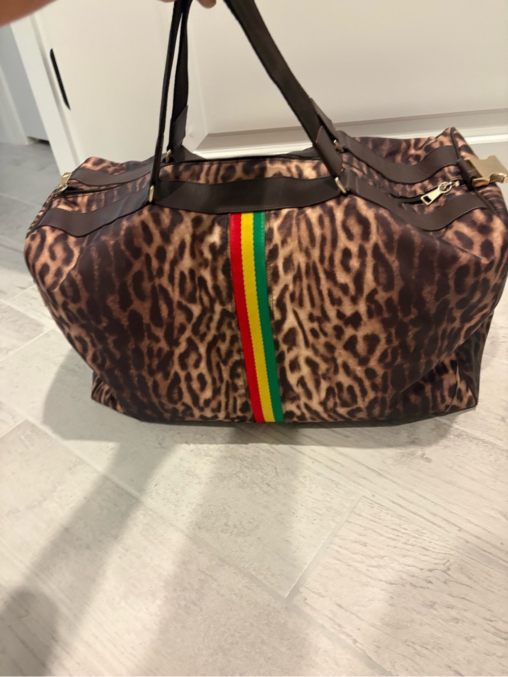 L.A.M.B. Leopard Print Travel Bag with Brown and Red Yellow Green Stripe